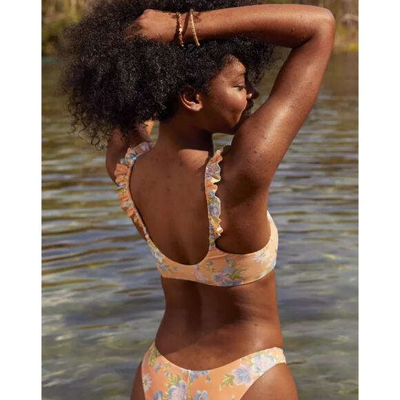 Aerie Orange Floral Bikini Scoop Top Women's Extra Large Ruffle Flutter NWT - Picture 2 of 13
